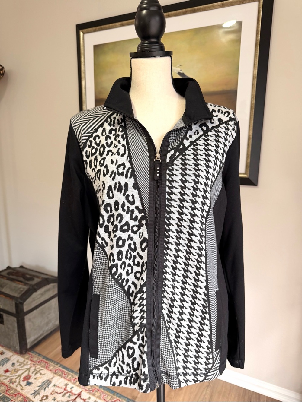 ONQUE Casuals Mixed Print Zip Jacket Leopard Houndstooth Black White